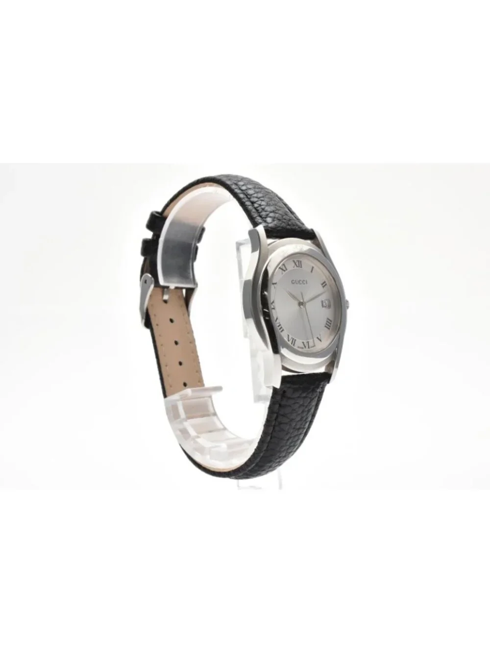 Gucci Quartz Watch Silver Dial Roman Numeral Date Display Stainless Steel Black